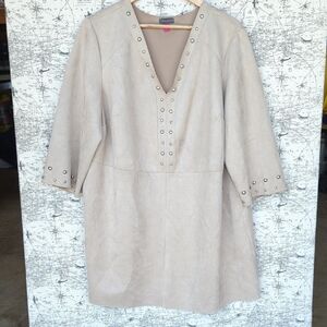 Vince Camuto Plus Size Tan and Cream 3/4 Sleeve Embellished Mini Dress
